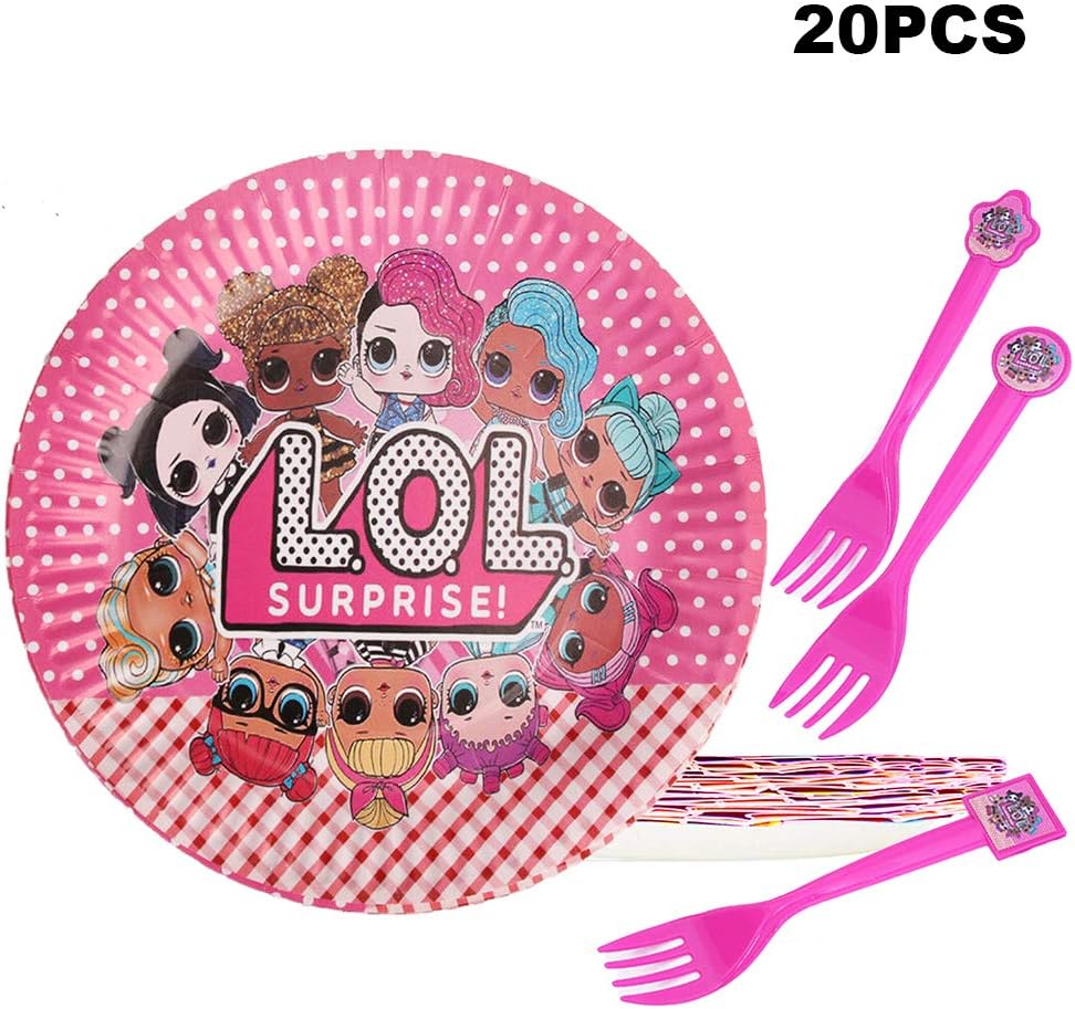 Msltr 20 Pcs Baby Cute LOL Party Dessert Set, Birthday Party Plates, 10pcs 7 Inch Cake paper Plates, 10 pcs shark forks - Birthady LOL Supplies for Shark Party Tableware