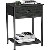Furologee Nightstand with Fabric Drawer & Storage Shelf, Small Side Table for Small Space, 2 Tiers Industrial End Table for Living Room, Bedroom, Black Oak