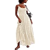 Gacaky Summer Dress for Women Casual Lace Floral Embroidered Bohemian Maxi Dress Flowy A Line Beach Long Dresses