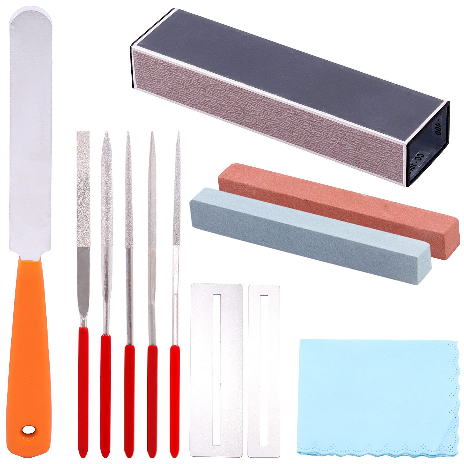 Cimeton 12Pcs Guitar Luthier Tool Set Includes 5Pcs Guitar Files, 2Pcs Grinding Stones, Fret Crowning File, Fret Leveling Sanding Beam, Fingerboard Guards and Wiping Cloth for Guitar Bass