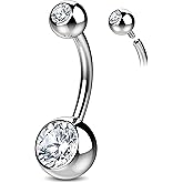 Internally Threaded Belly Button Ring G23 Titanium with Grade AAAAA Cubic Zirconia - 14g Implant Grade Titanium Belly Ring Piercing Jewelry Internal Thread - Bellybutton Rings Navel Jewelry For Women