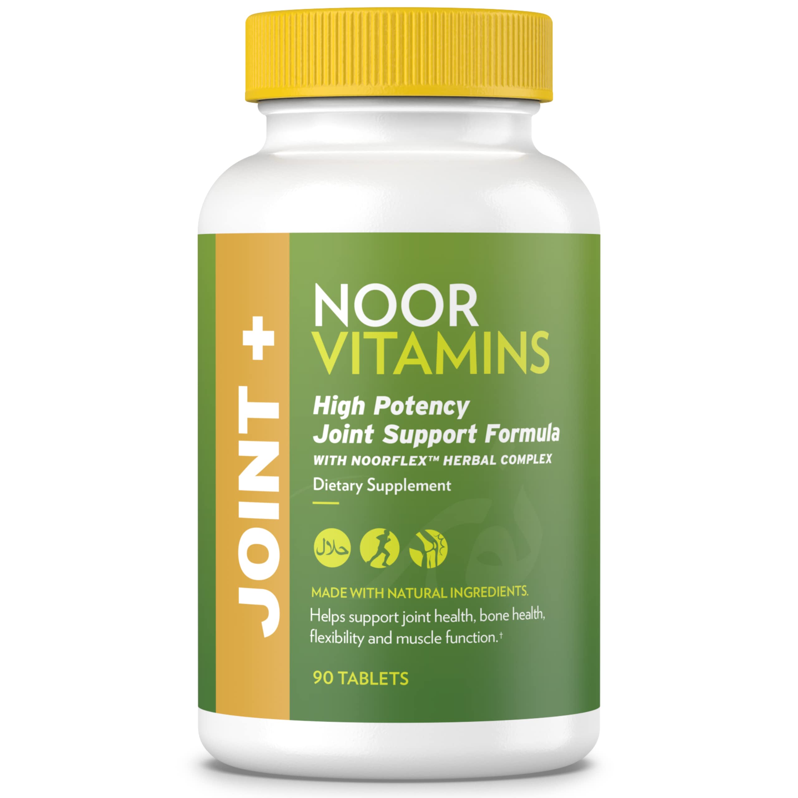 Noor Vitamins Joint+ Halal Vitamins, Glucosamine, Hyaluronic Acid, Calcium, Magnesium, Turmeric, Supports Joint Health in 5 Ways! for Back, Knees & Hands. Non-GMO - 90 Tablets