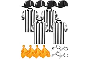 Silicherry 4 Pcs Men's Official Referee Costume Set Black and White Stripe V Neck Referee Shirt Stainless Steel Whistle with Lanyard Referee Hat Yellow Penalty Flag for Referee Necessities