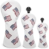 US Flag Patriotism Golf Club Head Covers White for Driver, Fairway Hybrid Woods - 4 Options - Synthetic Leather Golf Wood Head Covers Set(D/F/H), Driver Headcover, Fairway Wood Head Cover, Golf Hybrid Head Cover