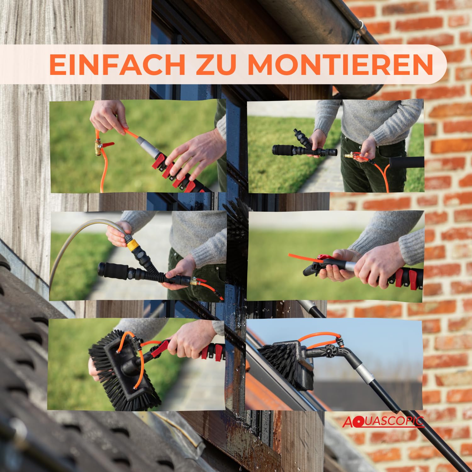 Aquascopic Teleskopstange mit interner Wasserspender und Bürste mit 5 Flächen – Fensterputzer längenverstellbar – Bis zu 3.6m – Fensterreiniger für Sonnenkollektoren - Interner Wasserschlauch 7