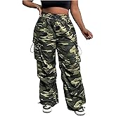 Verdusa Women's Plus Size Cargo Pants Drawstring Waist Ruched Baggy Parachute Pants Streetwear Joggers with Pockets