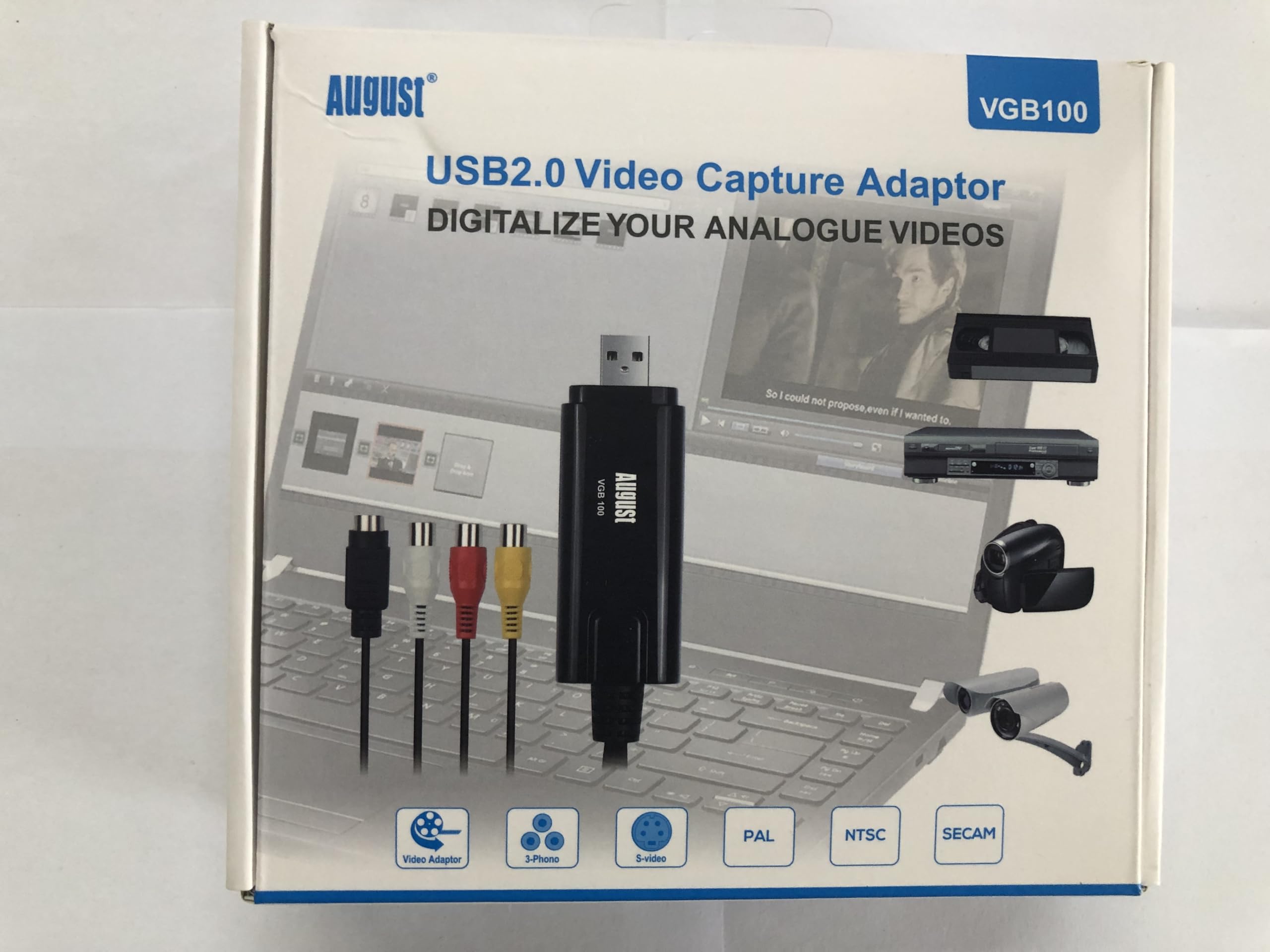 August VGB100 - External USB Video Capture Card - S Video/Composite to USB Transfer Cable - Grabber Lead for Windows 11/10 / 8/7 / Vista/XP