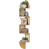 HONGOUZWL 5-Tier Floating Corner Shelves for Wall, Zigzag Corner Shelf Unit, PVC Rattan Sides, Space-Saving, for Kitchen, Living Room, Bedroom, Boho Style, Oak Beige