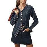 Women's Collarless Denim Jacket Long Sleeve Button Down V-Neck Slim Fit Jean Jacket Denim Top