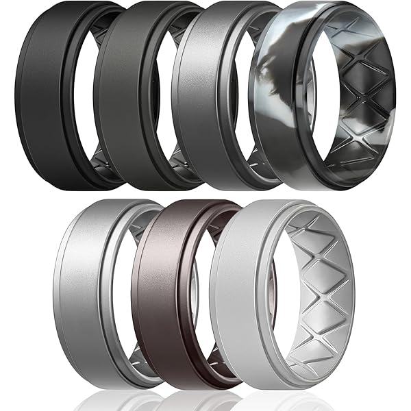 ROQ Men's Silicone Wedding Ring - Size 10, 8mm Step Edge, Beveled Metallic Platinum Color, Comfort-Fit & Breathable