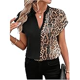 Milumia Women's Leopard Print Sequin Blouses Cap Sleeve Loose Fit Colorblock Shirt Tops