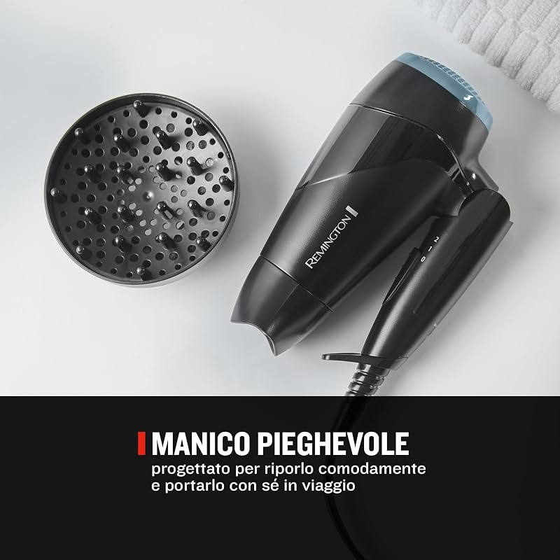 Asciugacapelli 2000W - Pieghevole e Potente - Asciugacapelli da Viaggio, Bacchetta e Diffusore per styling, 2 livelli di riscaldamento e ventola, On The Go D1500