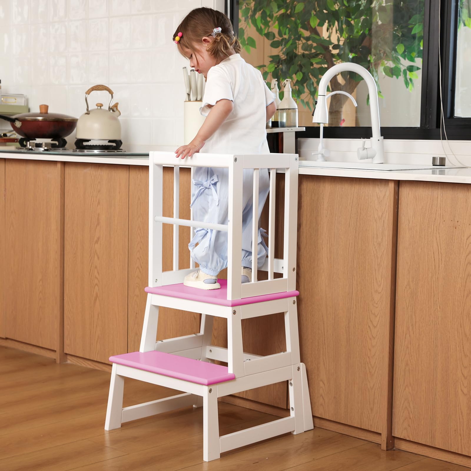 Photo 1 of Kids Kitchen Step Stool, Ideal Toddler Learning Standing Tower, 2025 New Upgrade with an Anti-tip Structure and Anti-Drop Safety Bar, More Stable and Safer - White Pink