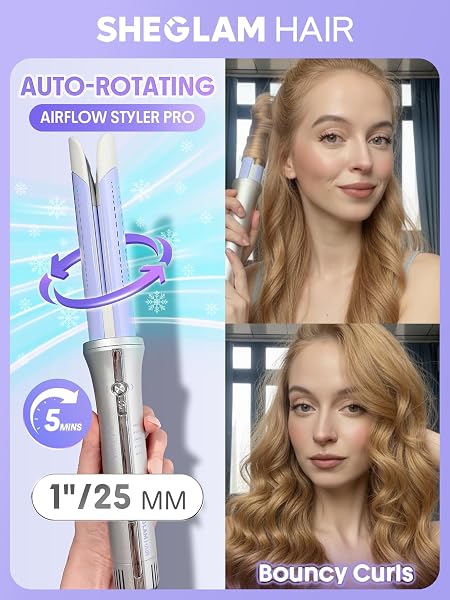 SHEGLAM ONE TOUCH AIRFLOW STYLER PRO 1 INCH AUTOMATIC ROTATING 3.0 COOL AIR TECHNOLOGY FOR NO-WAIT, CURLING IRON, BOUNCY & LONG-LASTING CURLS, ZERO BURN RISK, 5 TEMP SETTINGS