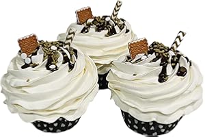 DEZICAKES Fake Cupcakes & Cake – Artificial Cakes for Display – Faux Cake Decorations for Home & Kitchen - Cake Plate Fake Food Desserts - Set of 3 Smores Fake Cupcakes