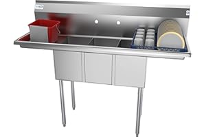KoolMore - SC101410-12B3 3 Compartment Stainless Steel NSF Commercial Kitchen Sink with Right and Left Drainboards - Bowl Size 10" x 14" x 10", Silver