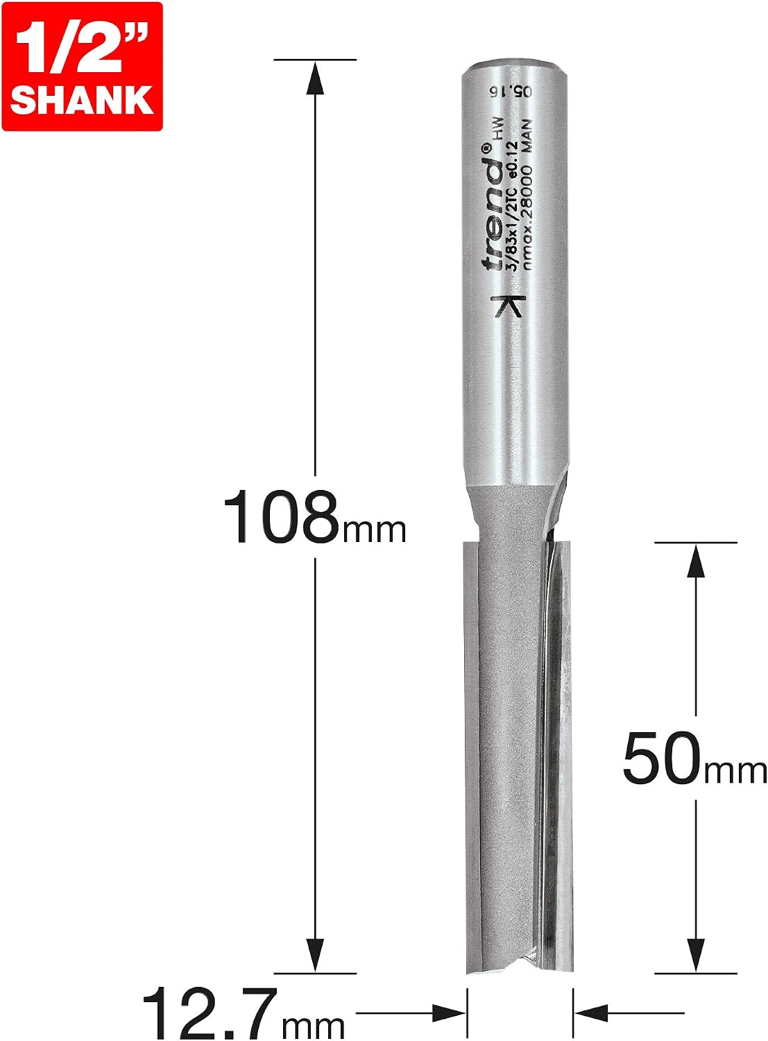 Trend Professional Two Flute Router Cutter, 1/2 Inch Shank, 12.7mm Cut Diameter, 50mm Cut Length, Tungsten Carbide Tipped, 3/83X1/2TC - Image 4