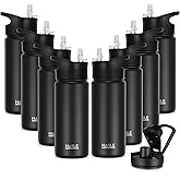 HASLE OUTFITTERS Insulated Water Bottle 16 oz Double Wall Vacuum Stainless Steel Water Bottle Leak Proof for School Wide Mouth with Straw Lid & Spout Lid Keeps Cold and Hot(Black,8pack)