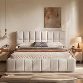 Kenhome Queen Size Modern Cloud Bed Frame, 38.5" Tall Cream Upholstered Platform Bed with Thick Soft Headboard & Footboard fo