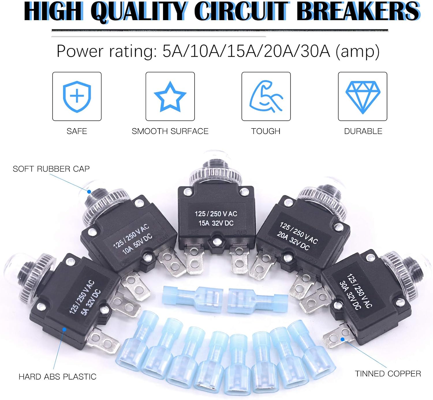 Glarks 30Pcs 5A 10A 15A 20A 30A Circuit Breakers Thermal Overload Protector Switch with Manual Reset 32VDC, AC125-250V With Quick Connect Female Spade Terminal and Waterproof Button Caps - - 