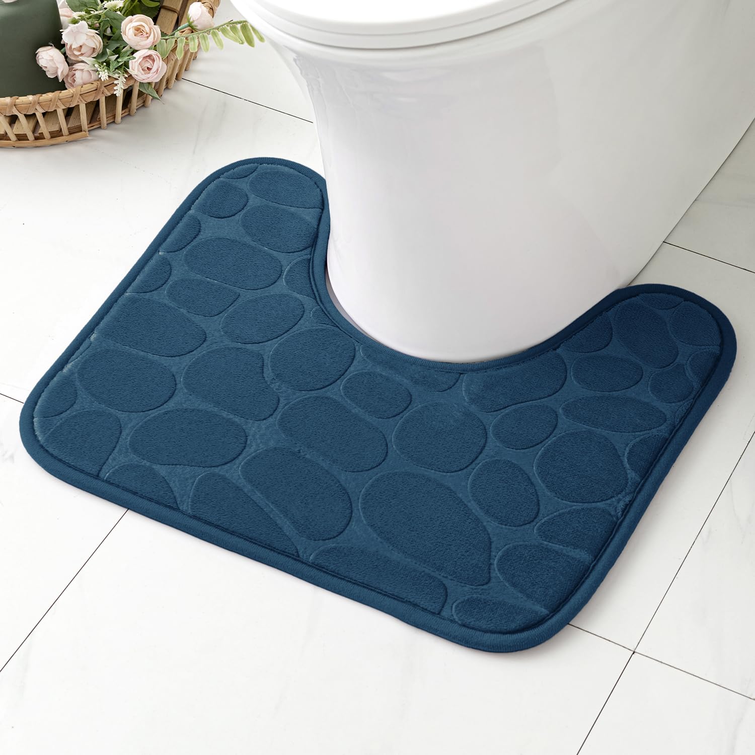 MIULEE Bath Mats Non Slip Memory Foam Bathroom Mat Bath U Shape Rug Shower Mat Coral Fleece Softness Highly Absorbent Washable Rug Bath Mats for Bathroom Kitchen Entrance 50x40 cm Navy Blue