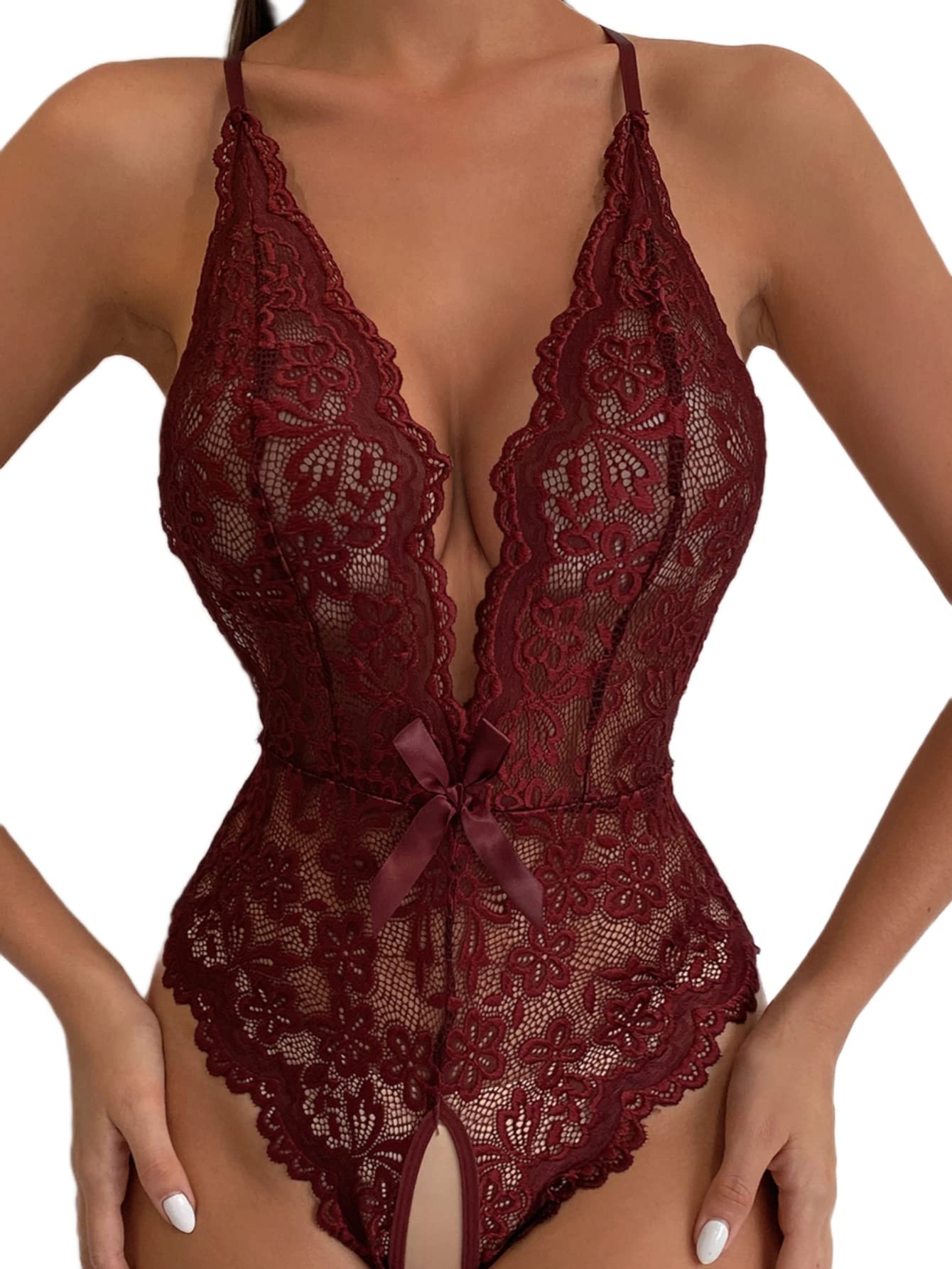 Photo 1 of SOLY HUX Women's Floral Lace Scalloped Trim Criss Cross Back Lingerie Teddy Bodysuit Solid Maroon S