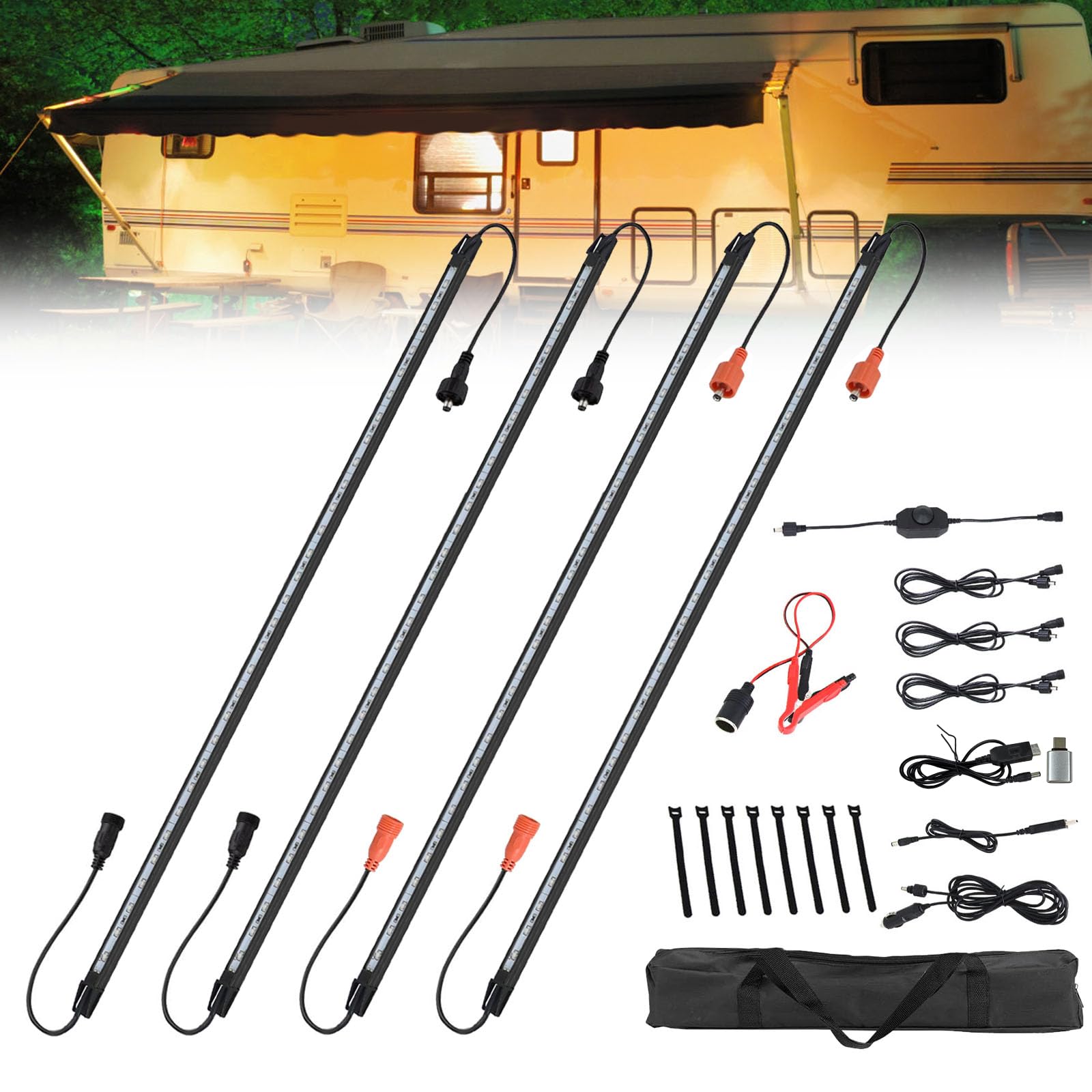 Photo 1 of 12V LED Interior Light Bar Kit Dimmable IP67 Waterproof Camping String Lights, 2 Bars White & 2 Bars Amber Aluminum Magnetic Mount Exterior Lights for RV, Camping Tent,Car