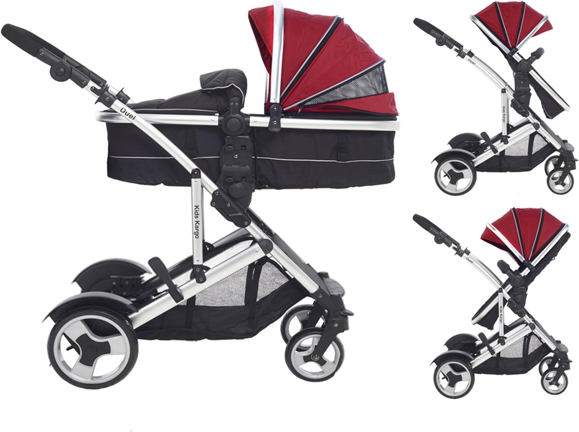 Cria Combi Single converts to double pushchair pram carrycot (toddler seat sold separately)Suitable from Newborn includes a footmuff (Maxi cosi clips available or compatible with Kids Kargo car seat sold separately) Rain cover Silver Chassis Berry Red by Kids Kargo