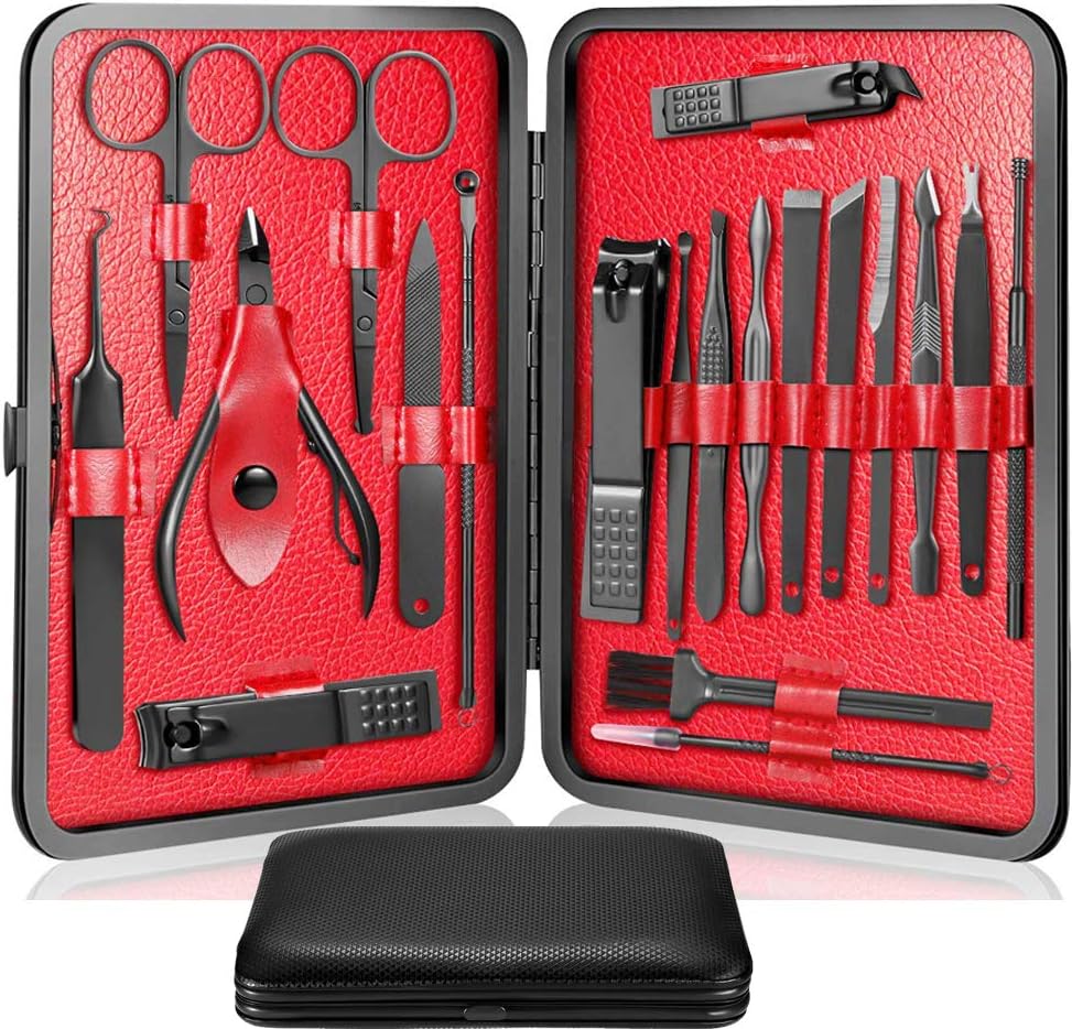 Nail Clippers Kit Pedicure Care Tools Manicure Set Professional Stainless Steel Men Grooming Kit 20Pcs With Black PU Leather Case for Travel or Home (Red)