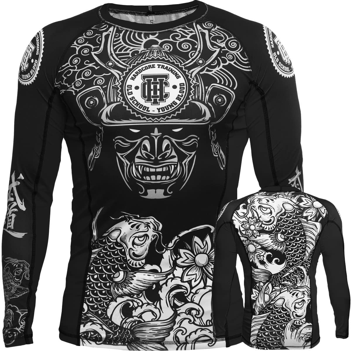Hardcore Training Koi Black Men's Rash Guard Compression Long Sleeve MMA No-Gi Tight BJJ Grappling Base Layer Fitness
