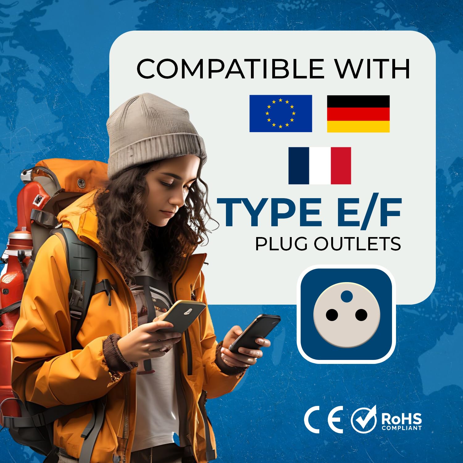 OREI European Power Adapter Plug, Perfect for Travel To Europe, Germany, France, Spain, Norway, Korea - Universal Socket - Type E/F Outlet - 2 Inputs - Safe Grounded Connection