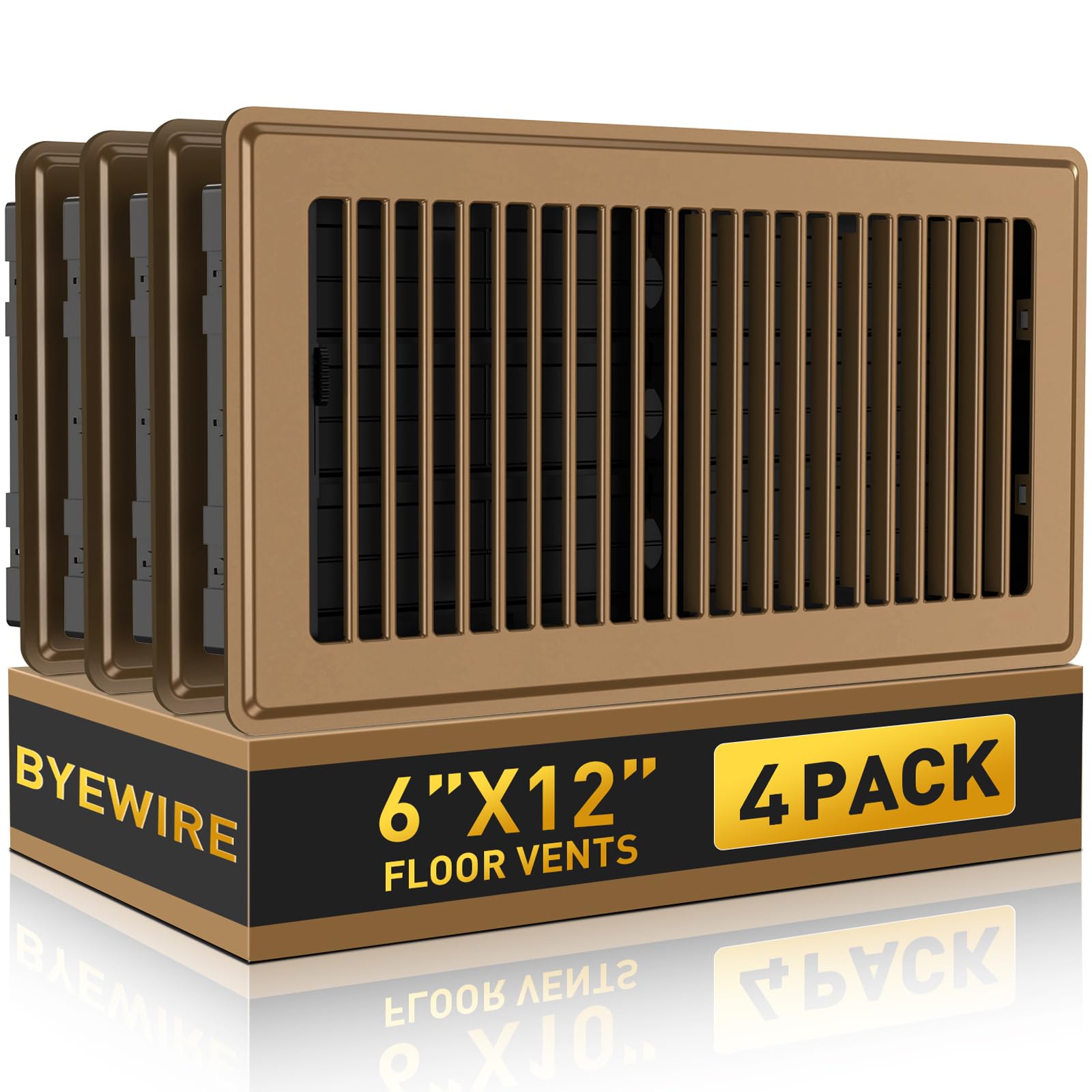 Photo 1 of Floor Register Fits 6x12 and 12x6 Duct Opening - Heavy Duty Walkable Floor Vent Covers 4 Pack - High Airflow Adjustable HVAC Air Vent - Steel Rust-Proof Finish Vent Covers for Home & Office - Brown