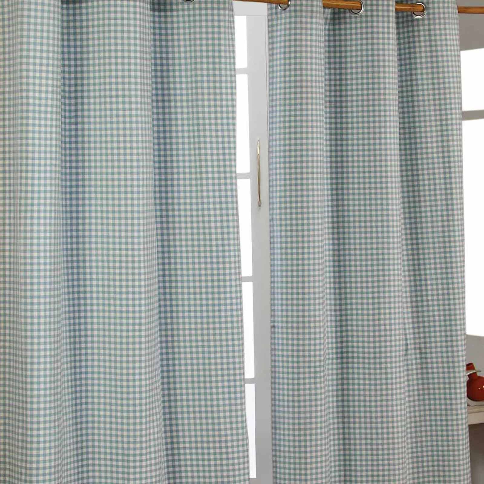 HOMESCAPES Blue Gingham Check Eyelet Curtain Pair 100% Cotton 137cm (54โ) Wide x 182cm (72โ) Drop โ image 1