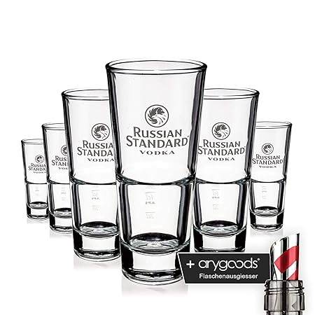 6 x Russian Standard Glas Gläser Vodka Longdrink Stapelbar Gastro Bar NEU + anygoods Flaschenausgiesser
