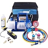 VIVOHOME 110V 1/3 HP 4CFM Single Stage Rotary Vane Air Vacuum Pump and R134a AC Manifold Gauge Set Kit with Leak Detector Car