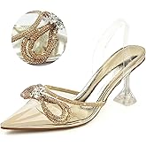 JENN ARDOR Women’s Heels for Bride Sparkly Low Heels Slingback Pumps 3.4 inch Clear Kitten Heels Wedding with Rhinestones Bow Pumps Pointed Toe Sandals Dress Shoes for Prom Party Dating