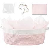 OIAHOMY Gift Basket Empty with Handle, 13.4"x 10"x 5.5" Small Woven Basket with Gift Bag, Ribbon and Wrap Tissue Paper, Dog Toy Storage for Organizing - Pink & White