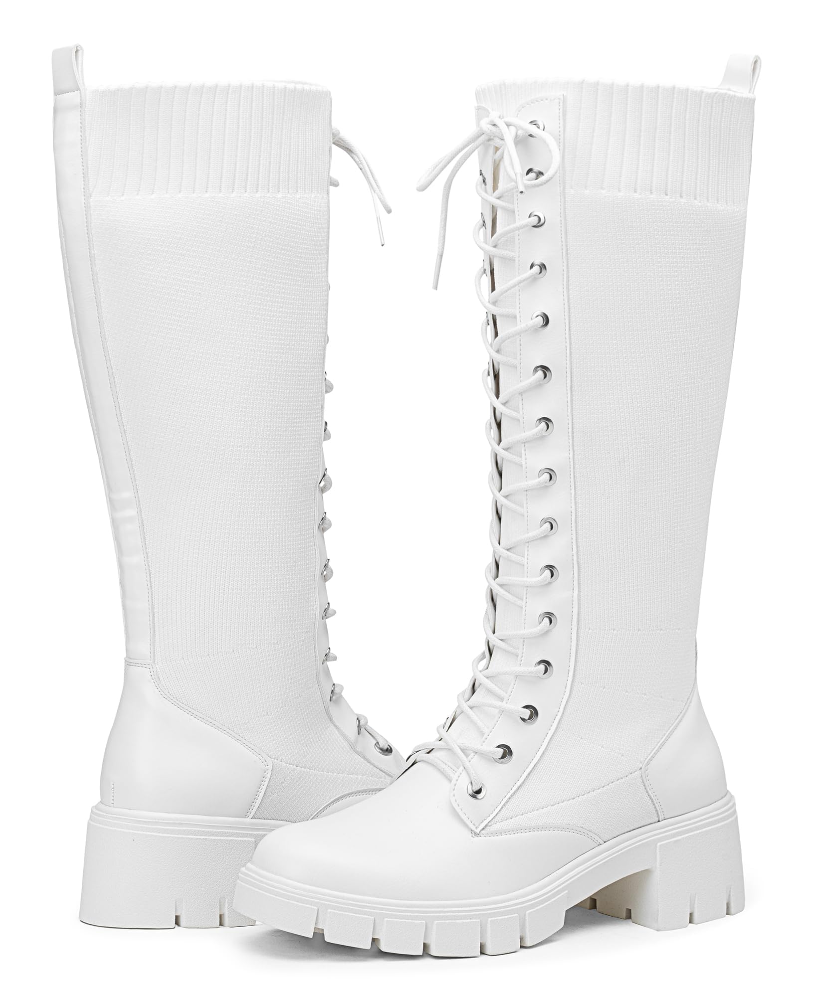 Photo 1 of Vepose Women's White Lace Platform Combat Knee High Boots with Comfort 953 Chunky Heel Size 6.5 (CJY953 White 06.5)