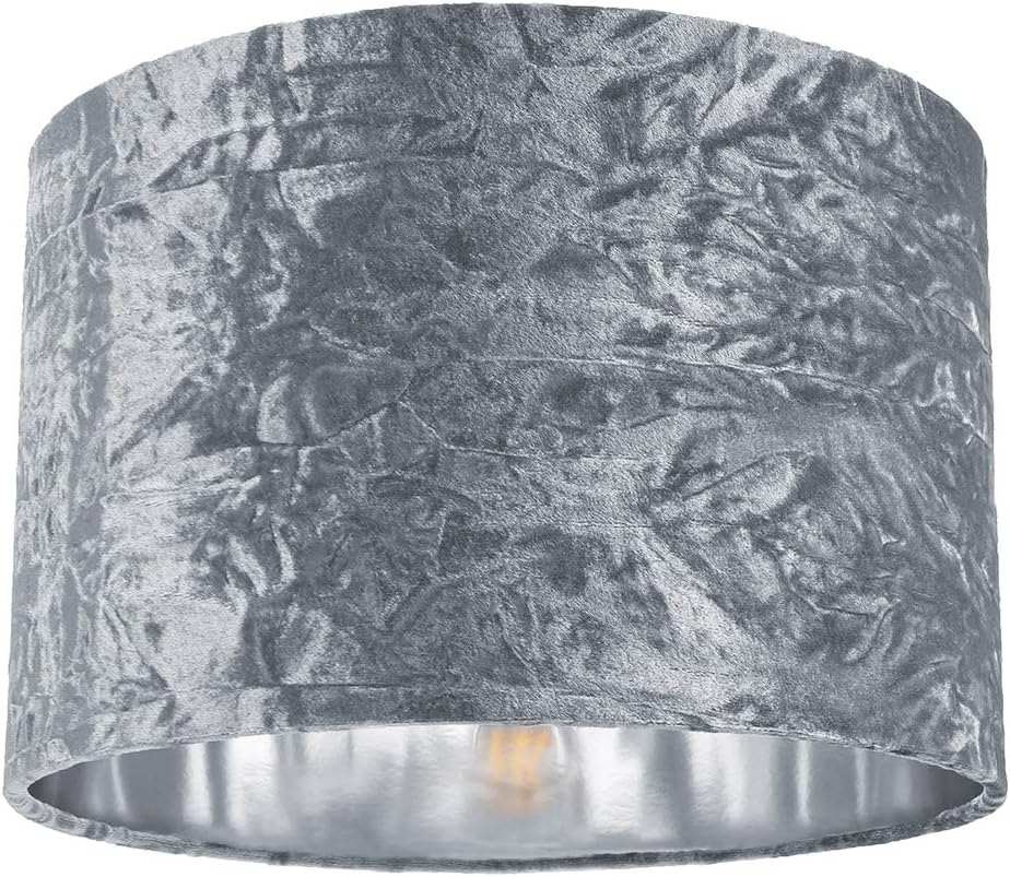 Modern and On-Trend Silver/Grey Crushed Velvet Fabric 12" Table or Pendant Circular Drum Lampshade with Shiny Silver Inner