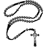 TALISMAN4U 8mm Hematite Black Stone Beads Catholic Rosary Necklace for Men Saint Benedict Medal Crucifix Handmade Braided Rosaries with Rosary Pouch & Prayer Card Religious Gift