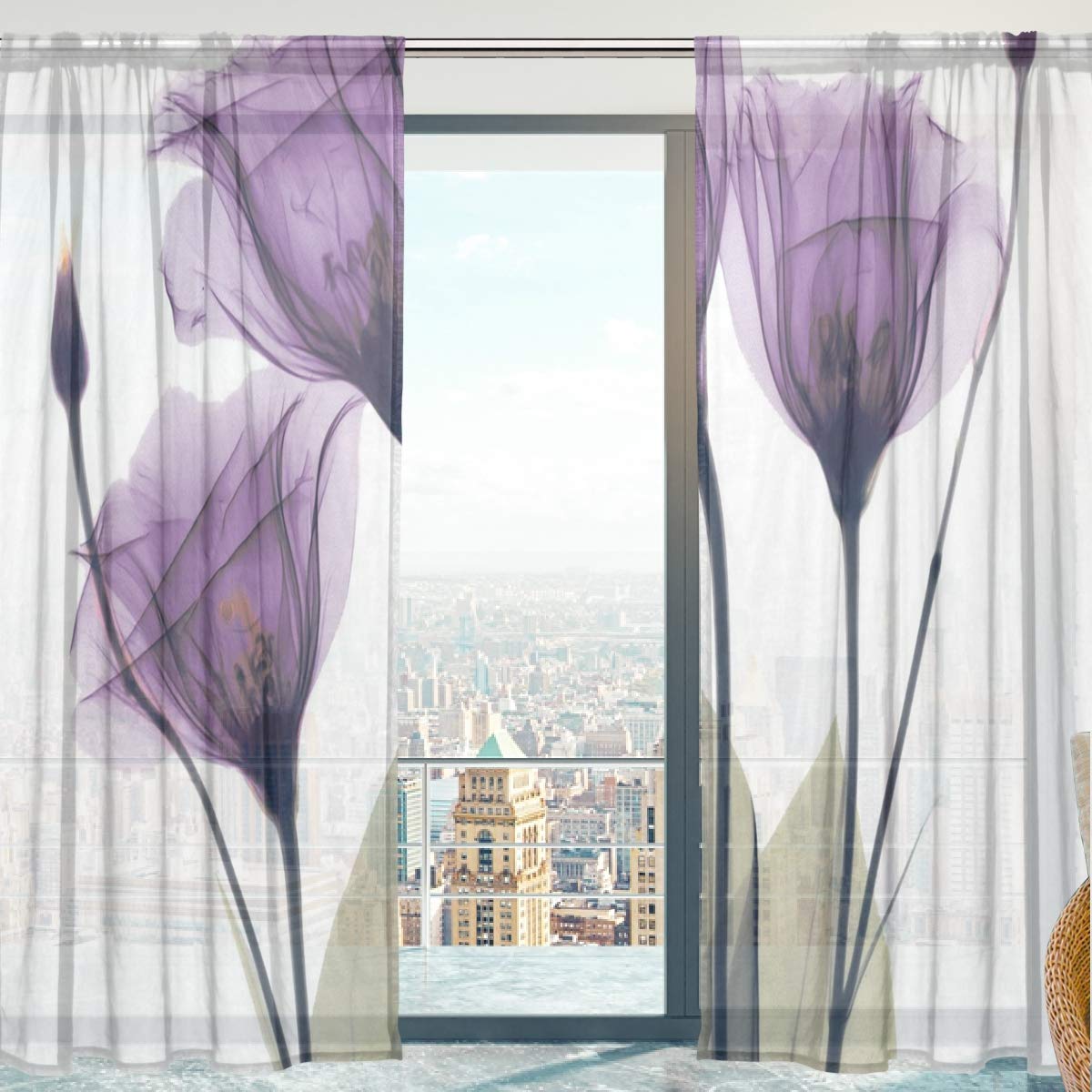 Mnsruu Sheer Voile Curtains, Purple Flowers Soft Sheer Curtains for Bedroom Living Room 140 x 213 cm 2 Panels
