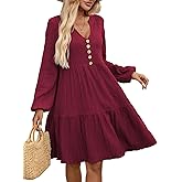 MSLG Women's Long Sleeve Spring Dress A Line Puff V Neck Pleated Buttons Pretty Garden Dresses 202