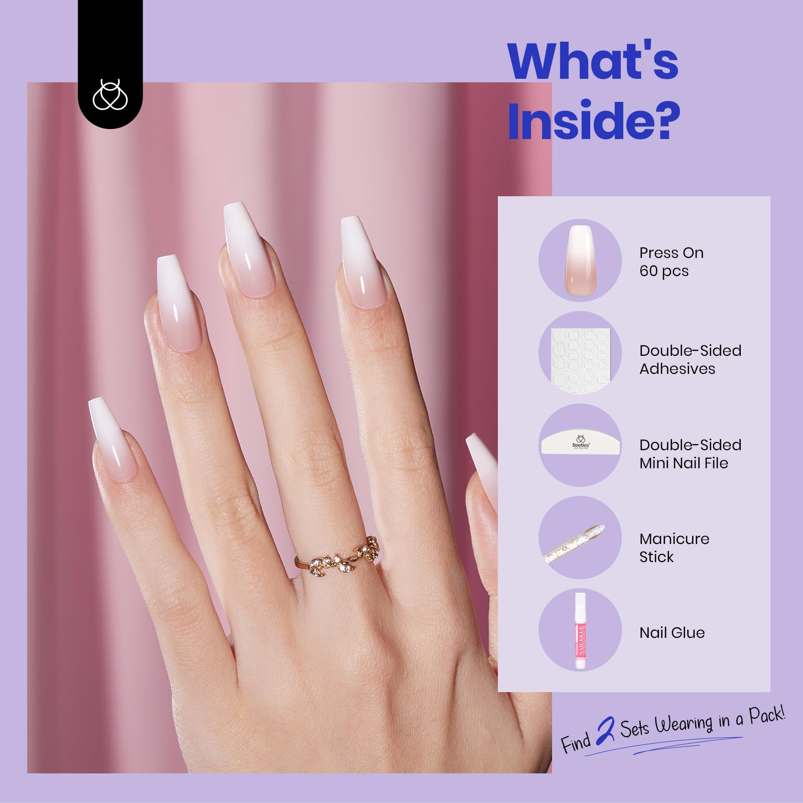 Beetles Press on Nails -15 Sizes Gradient Medium Coffin Press On Nails 60pcs Soft Gel Design Long Lasting Acrylic Fake Nails, No Need to File Fake Nail Tips DIY Nails Gift for Women - Image 3