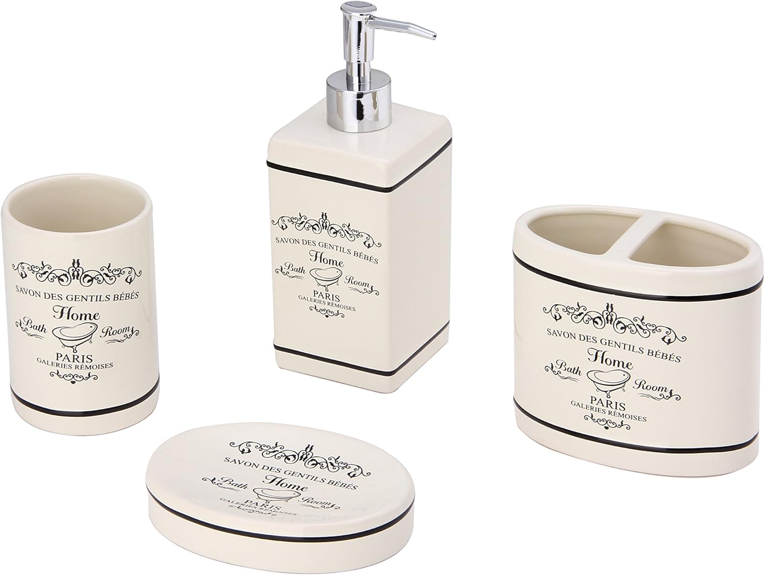 Home Basics Paris Collection 4 Piece Bathroom Accessories Set Featuring a Soap Dispenser, Toothbrush Holder, Tumbler, and Soap Dish: Kitchen & Dining