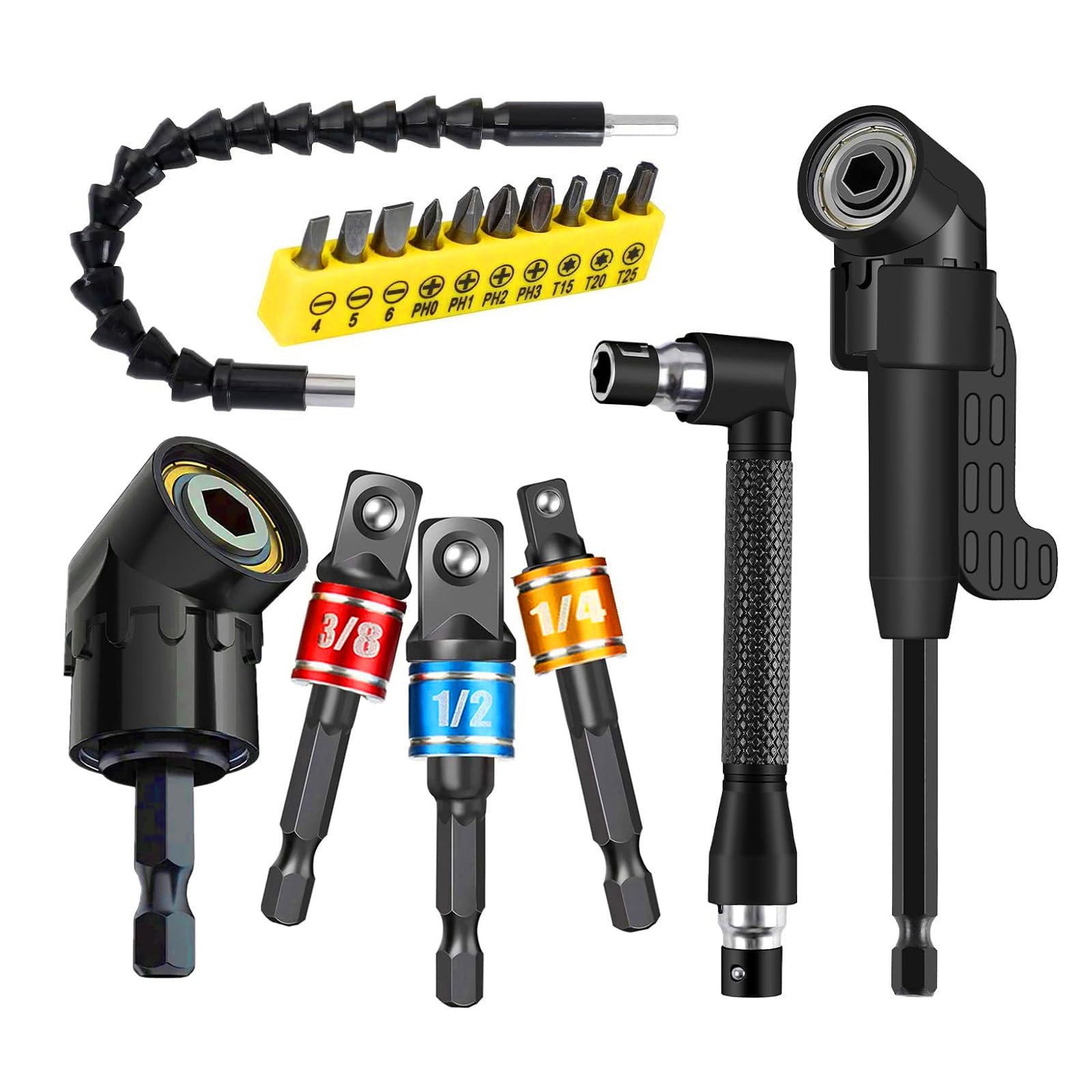 Photo 1 of 17pcs Flexible Drill Bit Extension, Include 3pcs Impact Socket Adapter 2pcs Hex Shank 105° Right Angle Drill Attachment 10 Short Screwdriver Bits Bendable Drill Bit Extension and 90° Angled Bits