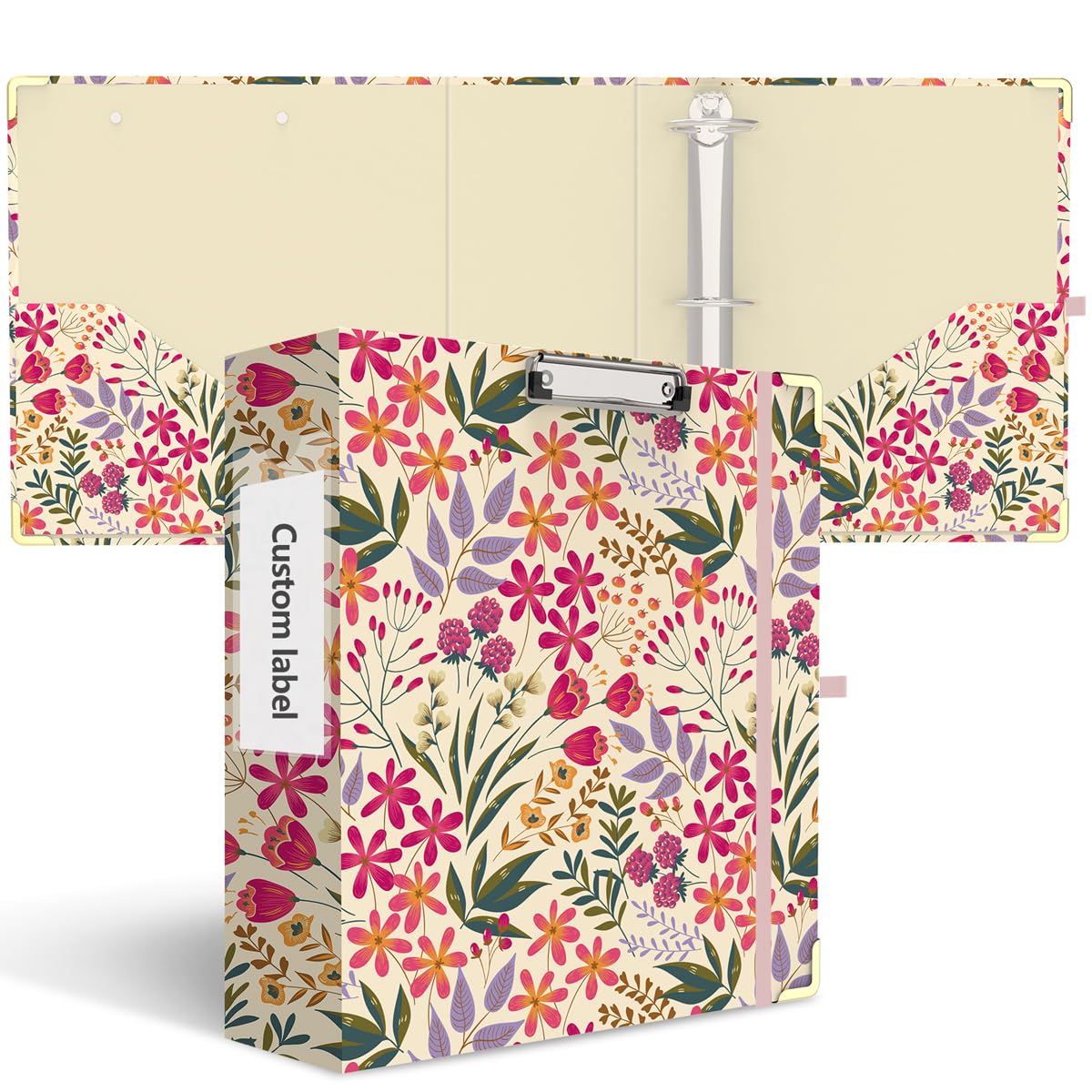 Photo 1 of 3 Ring Binder 3 Inch, Cute Decorative Hardcover Low Profile Clipboard with Storage, 3'' Round Ring Binders for Letter Size Paper, Durable Binder Organizer for School Office Supplies(Pink Floral)