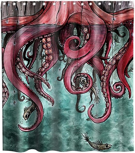 Amazon 航海の波とタコアニメテーマファブリック熱帯海動物シャワーカーテンセットフック付き子供浴室の装飾防水洗える70 X赤黒とティール 165x180 Cm シャワーカーテン ホーム キッチン オンライン通販