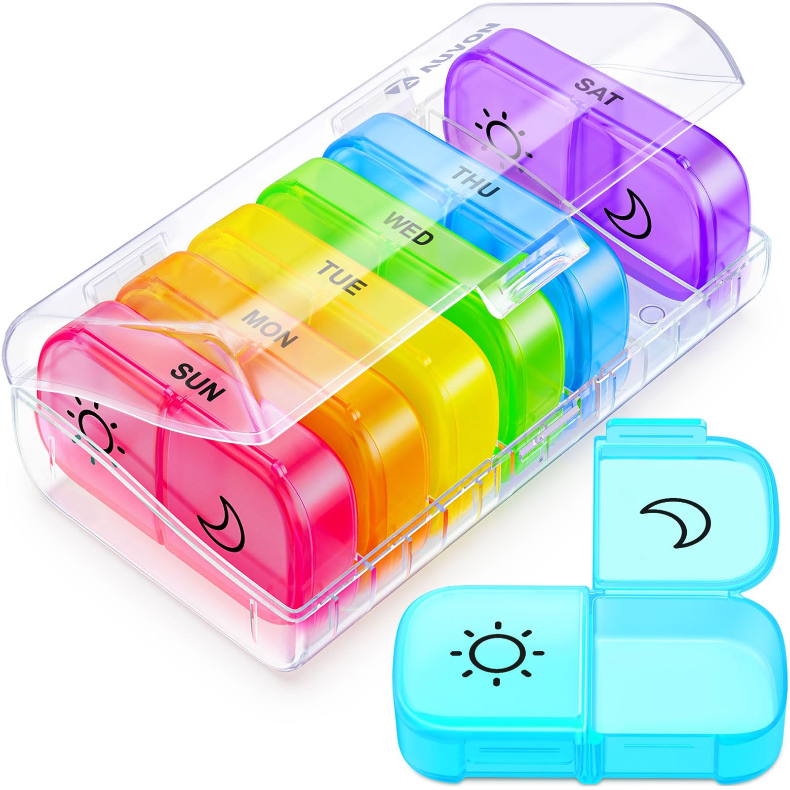 Photo 1 of AUVON XL Weekly Pill Organizer 2 Times a Day with Large Opening for Easy Filling, AM PM Pill Box 7 Day in Rainbow Colors, Portable Travel Pill Case for Medication, Vitamins, Fish Oils, Supplements