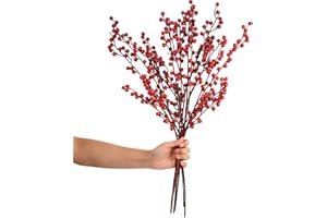 WILLBOND Artificial Red Berry Stems 21.6 Inch Christmas Red Berries Holly Berry Branches for Christmas Tree New Year Decor DIY Craft (8, Simple Style)