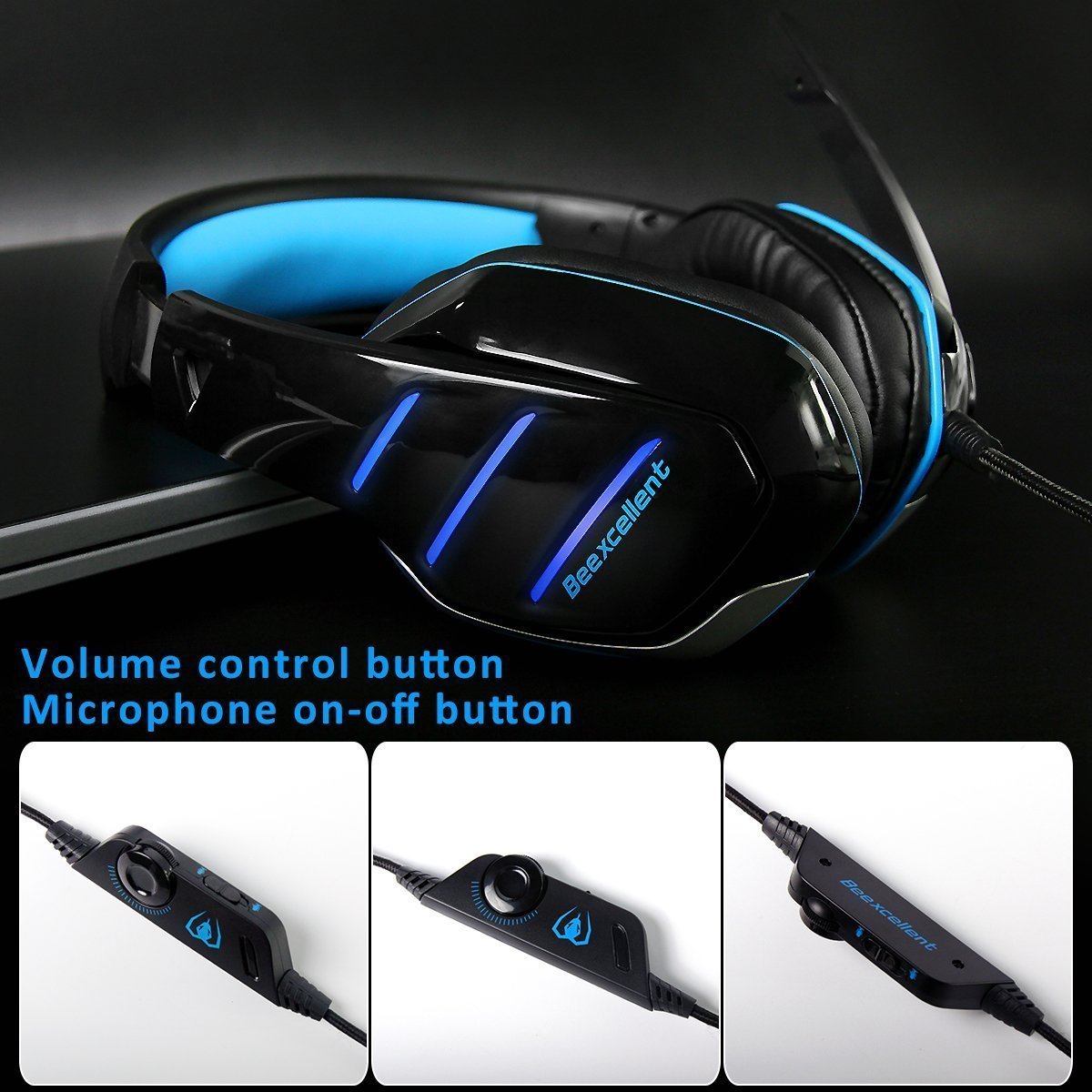 Gaming Headset GM-3 with Microphone for New Xbox 1 PS4 PC Cellphone Laptops Computer - Surround Sound, Noise Reduction Game Earphone-Easy Volume Control with LED Lighting 3.5MM Jack(Black+Blue)